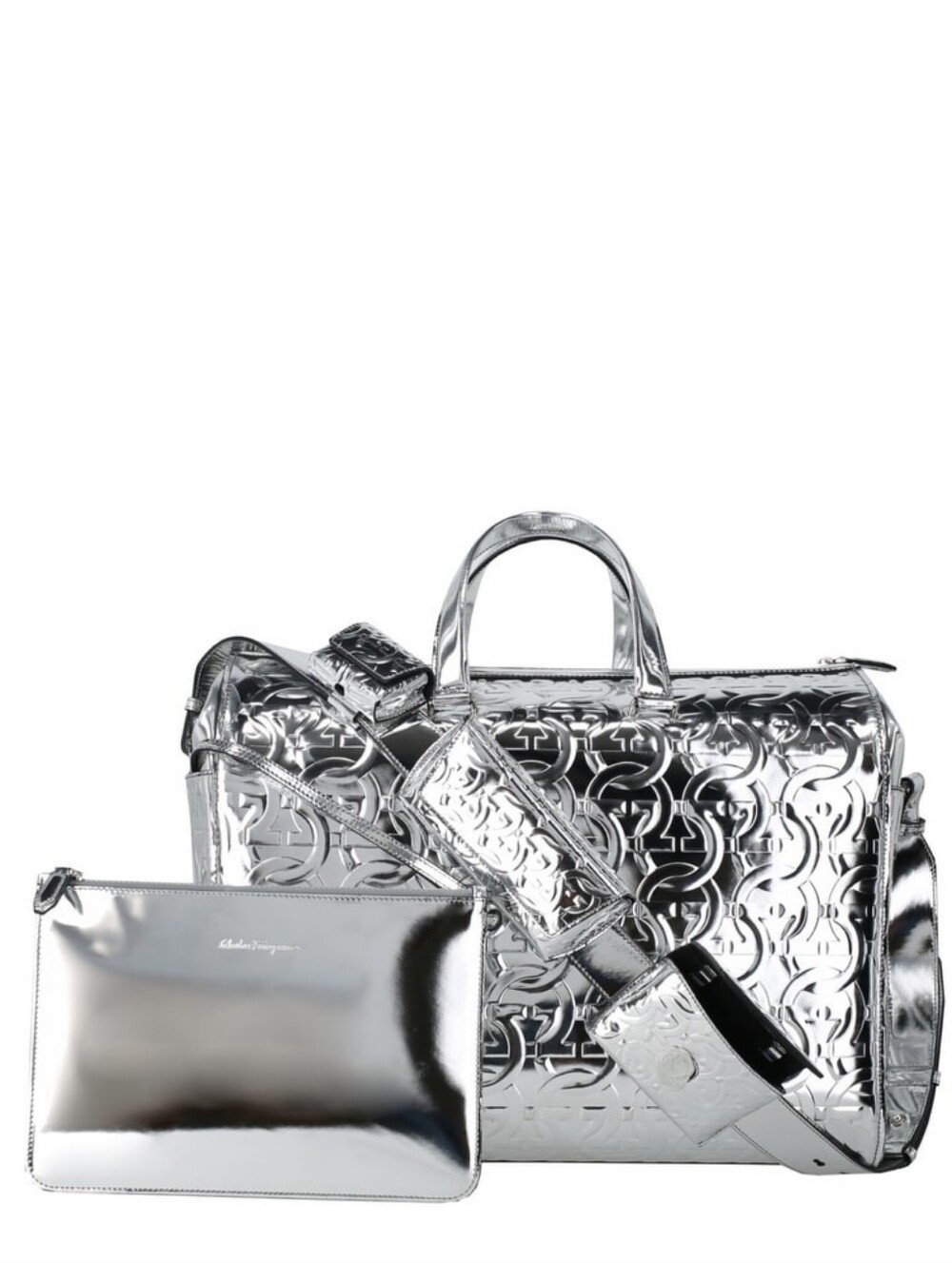 SALVATORE FERRAGAMO BROOKLYN MONOGRAM METALLIC LEATHER TOTE